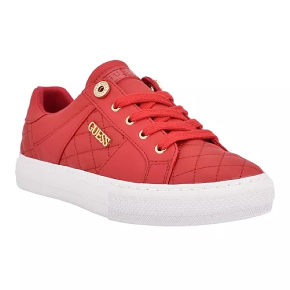 Red Guess sneakers , red leather sneakers , lace up sneakers